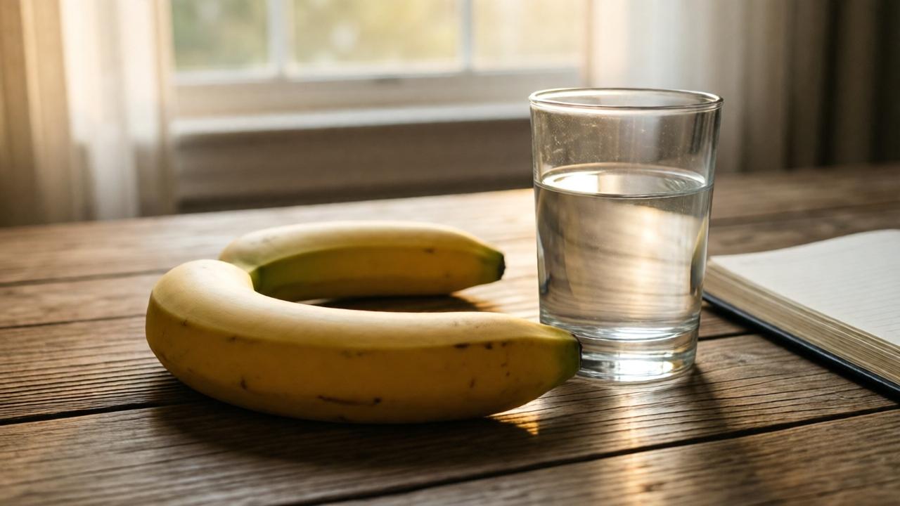 A ripe banana placed on a wooden table alongside a glass of water and a notebook, soft morning light streams through a window, creating a warm and comforting atmosphere, natural style, close-up