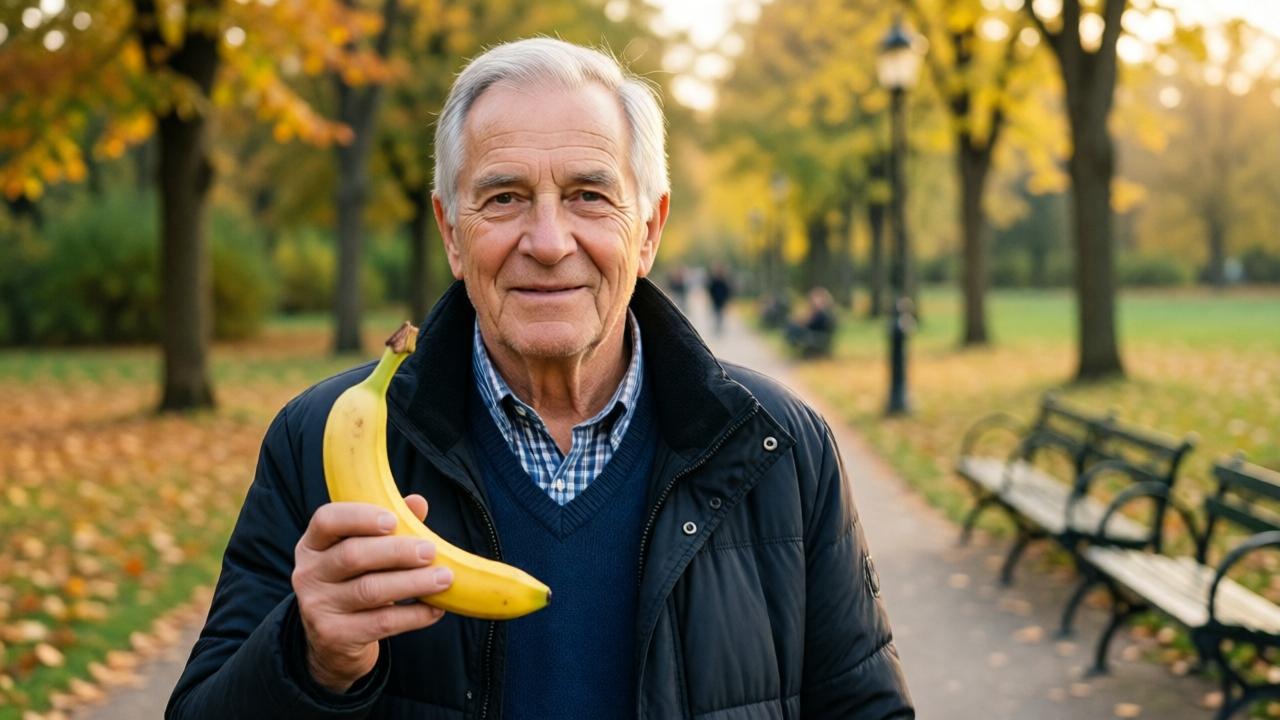 An older individual holding a banana while strolling in the park, with an autumn landscape in the background, gentle afternoon light, depicting a relaxed and healthy lifestyle, realistic portrayal