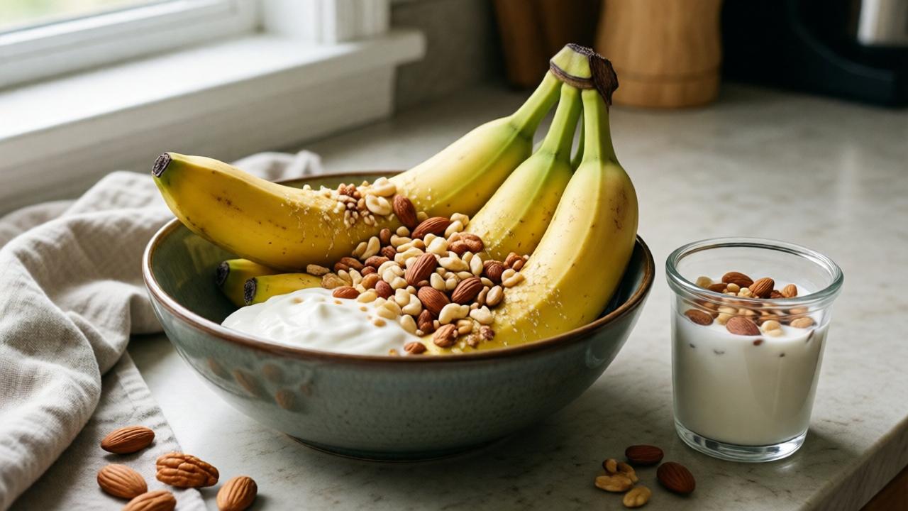 A still life featuring a bowl of bananas, yogurt, and nuts on a kitchen counter, harmonious composition with natural textures, bright indirect light, appetizing and inviting, photographic style