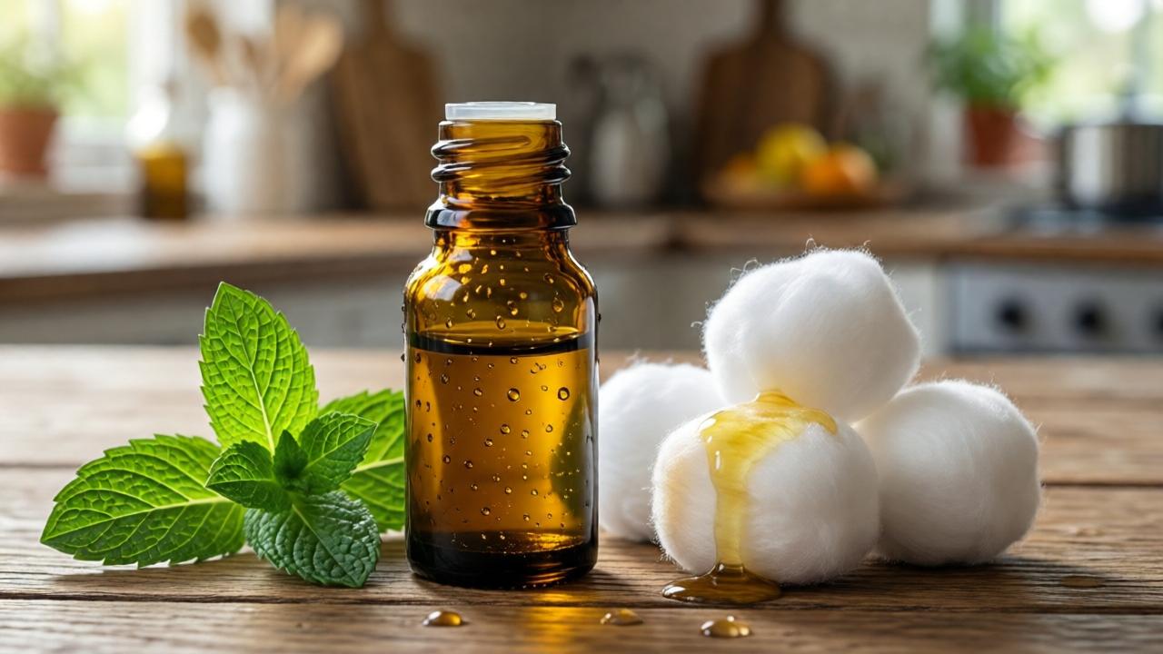 A tranquil, wide-angle view of a sunlit kitchen corner showcasing a small bowl of peppermint oil-soaked cloths on a windowsill, with a pet cat resting safely nearby, illustrating a sense of safe, humane pest management.