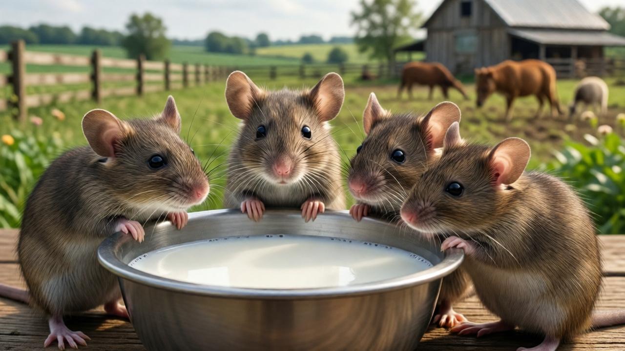 Front view of adorable rats around a bowl of milk, with a farm in the background