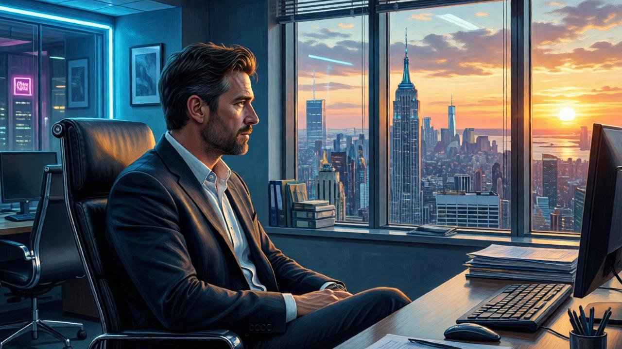 A man is seated in a contemporary office, lost in thought as he gazes out at a lively city. The cool neon glow of the room contrasts with the warm rays of the setting sun outside, creating a mood that is both melancholic and hopeful, reminiscent of a realistic oil painting.