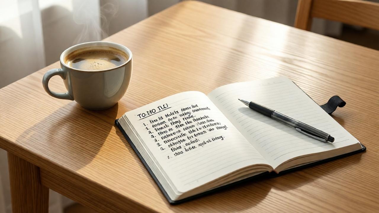 A neat, well-lit workspace in the morning. On the wooden surface, there's a cup of coffee, an open notebook containing a brief handwritten to-do list, and a pen. The setting conveys a sense of calm and concentration, highlighted by warm tones and soft, natural side light. The aesthetics are clean and realistic, promoting a feeling of control and a clear focus for the day.