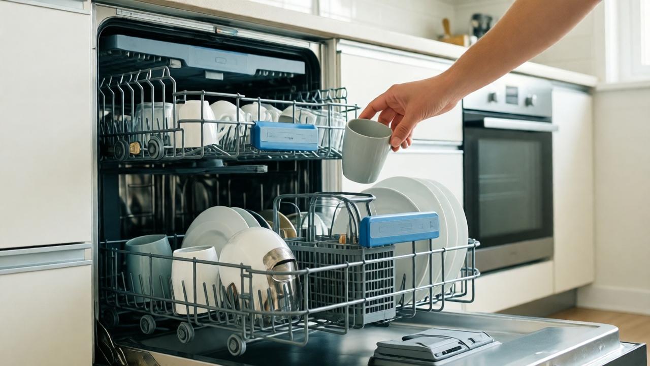 An organized, modern kitchen environment. In the foreground, there’s an open, partially full dishwasher. A hand is gently placing a cup and a plate in the upper section. The area is neat, and the lighting is bright and inviting. The image is lifelike and vivid, showcasing fresh, clean colors. The scene illustrates the prompt completion of minor tasks and evokes a sense of order and ease.