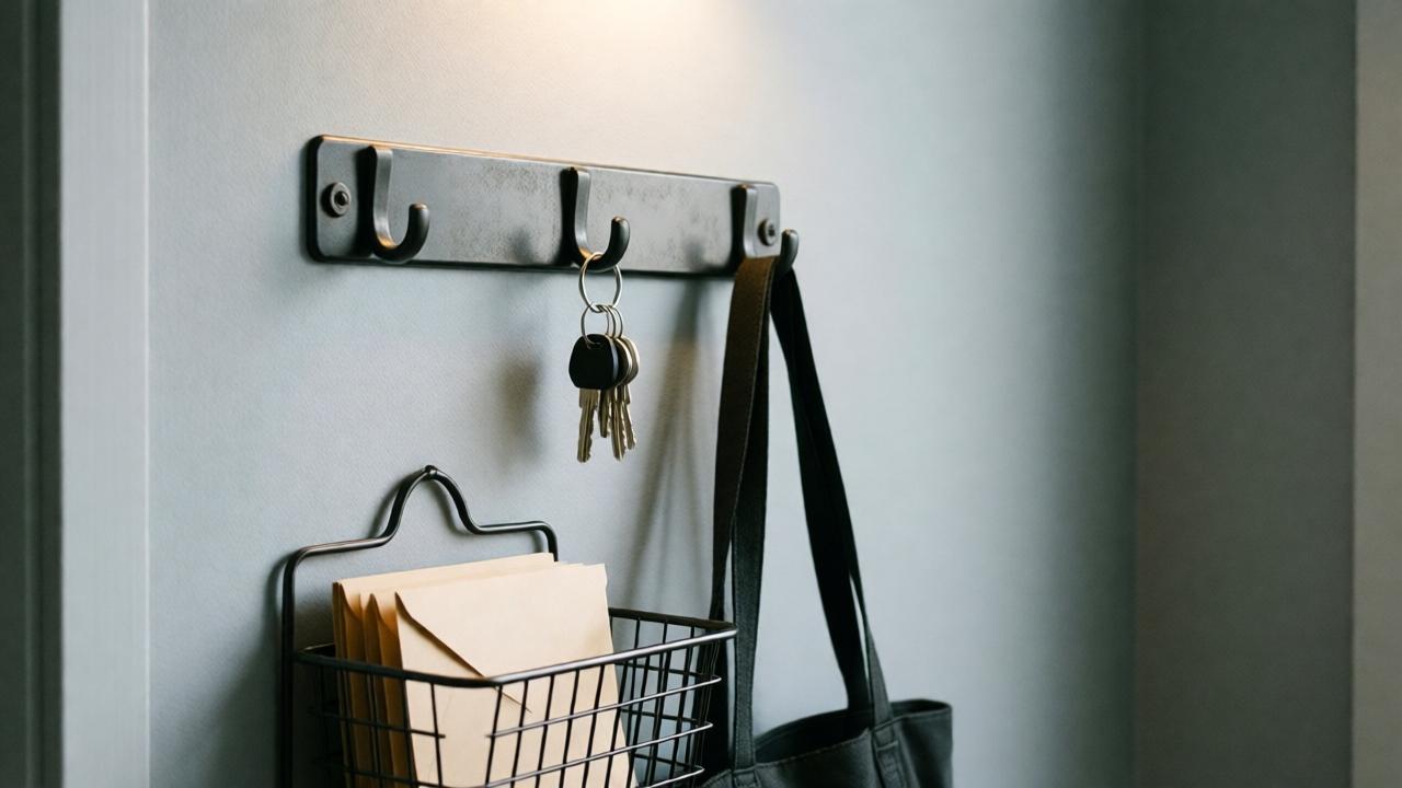 A close-up view of a small, well-organized section in a hallway. A sturdy metal hook is attached to the wall, holding a keychain and a bag. Below, there's a small basket for letters. The wall is light gray, with soft light from above. The arrangement is minimalist and visually appealing, embodying the principle 'Everything in its place.' The style is modern and soothing.