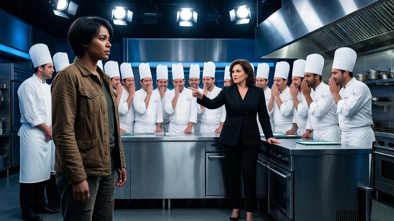 A dramatic, cinematic wide shot from a low angle inside a gleaming TV studio kitchen. In the foreground, Tanisha stands alone in simple, worn clothes, a stark contrast to a semi-circle of twenty chefs in crisp white uniforms behind her. They are smirking and whispering. The show's host, Nikol, a severe woman in designer black, stands between them, pointing a dismissive hand towards a stainless steel workstation. Harsh studio lights create deep shadows, emphasizing the tension and isolation. The color palette is cold: steely blues and whites, with Tanisha's muted brown jacket the only warm tone.