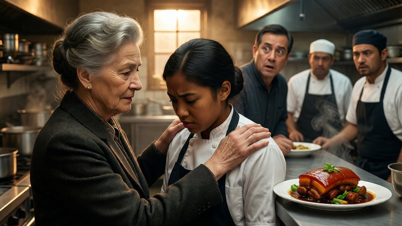 A close-up, intimate shot in a dim, chaotic diner kitchen. An elderly, well-dressed woman, Dorothy, has her hands gently on the shoulders of a young cook, Tanisha, who is looking down, overwhelmed. In the blurred background, the diner owner looks shocked, and other cooks stare in disbelief. A single plate of beautifully plated braised pork sits on a pass counter, steam gently rising. The lighting is warm and golden, filtering through a small window, creating a stark moral and visual contrast to the cold studio. The focus is on the connection between the two women.