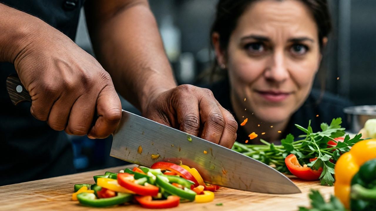 An extreme close-up, dynamic shot. Tanisha's hands, slightly scarred and strong, are confidently chopping vibrant vegetables on a cutting board. In the foreground, slightly out of focus, is her simple, well-used chef's knife. In the stark background, blurred but recognizable, is the stunned face of judge Nikol, her arrogant smirk gone, replaced by a look of intense, reevaluating focus. Splashes of color from bell peppers and herbs contrast with the cold steel of the studio kitchen. The composition is tight, charged with energy, symbolizing skill silencing prejudice.
