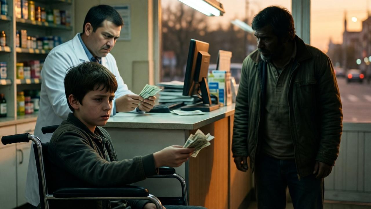 A dramatic, cinematic shot inside a small, warmly lit pharmacy at dusk. A boy in a wheelchair is in the foreground, his face pale and anxious, one hand outstretched holding a crumpled bill. Behind the counter, a cashier in a white coat examines the money with a stern, skeptical frown. In the shallow depth of field, the poorly dressed man watches from the side, his expression hidden in shadow but his posture tense. The composition uses contrasting light, with a cold fluorescent glow on the counter and warmer, dying light from the street window. Mood: tense, suspenseful, highlighting a moment of crisis.