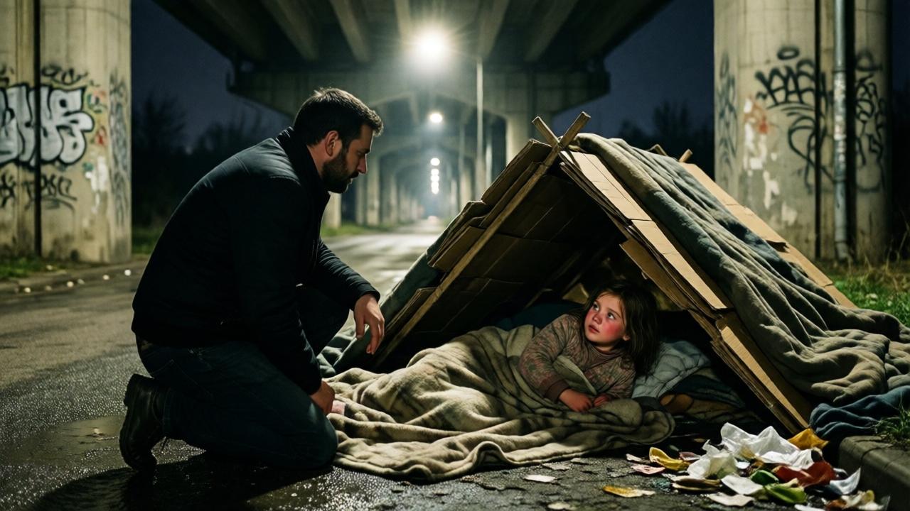 A poignant, high-contrast scene under a concrete bridge at night. The man, silhouetted against the harsh light of a distant streetlamp, kneels on the damp ground beside a makeshift shelter of cardboard and blankets. A little girl lies on a thin, old blanket, her face flushed with fever, looking up at him with trusting eyes. The setting is stark and grim, with peeling graffiti on the pillars and litter in the foreground, but the focus is on the intimate, heartbreaking connection between father and daughter. The mood is one of profound vulnerability and silent love amidst hardship.