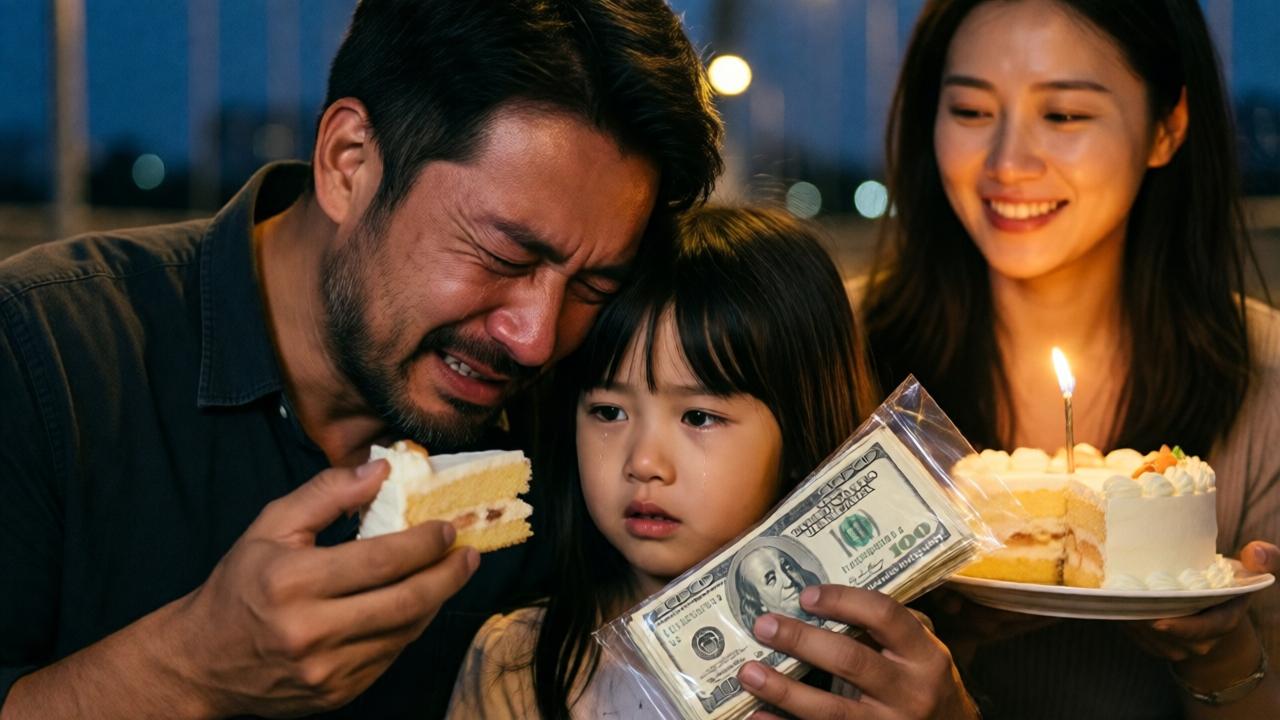 A powerfully emotional, softly lit close-up under the bridge. The focus is on the man's hands, one holding a slice of cake, the other cradling the stack of $10,000 wrapped in clear film, which glints in the ambient light. His face is pressed into his daughter's hair as they both look at the money, his eyes tightly shut, streaming with tears of overwhelming shock and gratitude. The little girl looks on in confused wonder. The woman who brought the cake stands slightly back, her face illuminated with a serene, knowing smile. The mood is one of profound, tearful resolution and the radiant warmth of human kindness piercing through darkness.