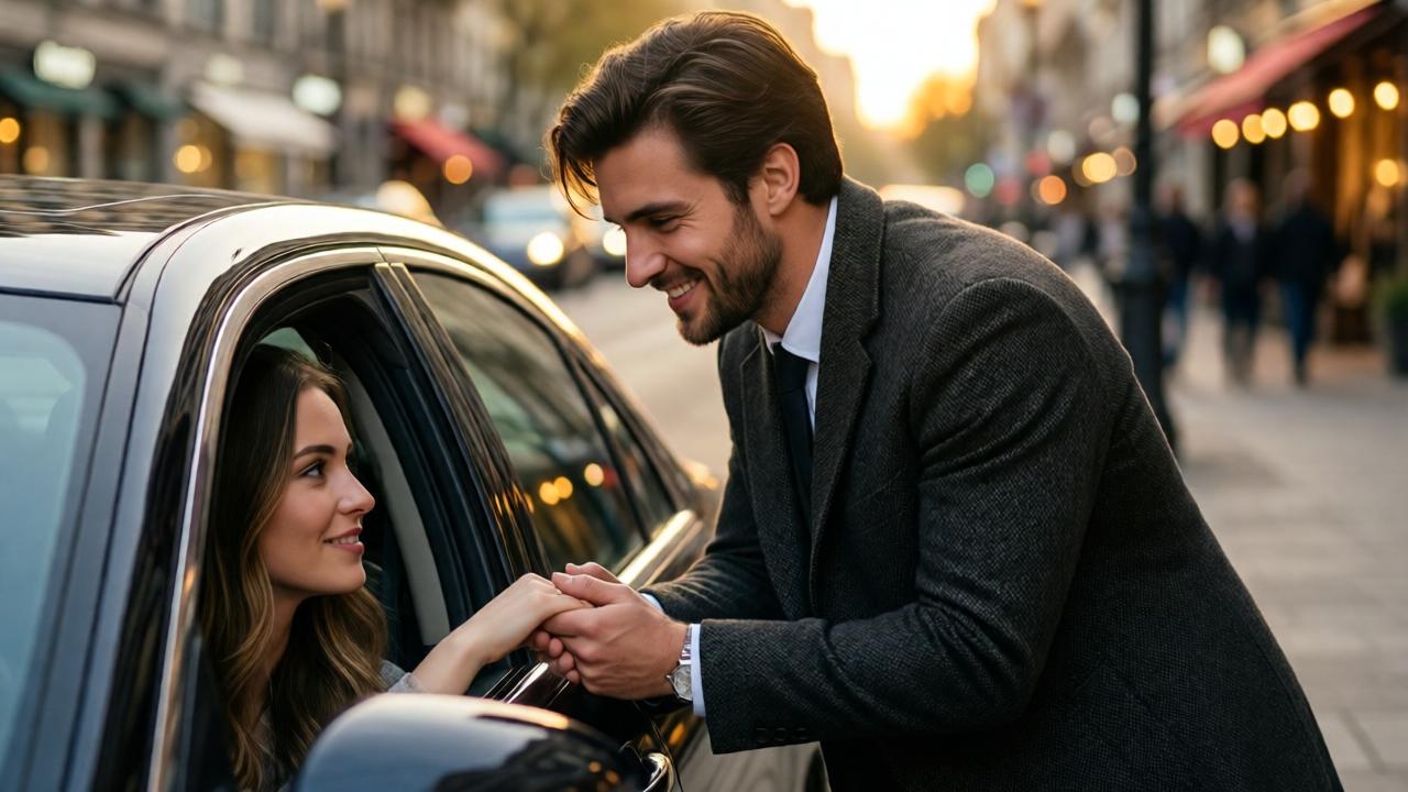 Cinematic street scene in warm golden hour light. A handsome young man in a smart coat leans into a luxury car, smiling tenderly at his beautiful fiancée who sits in the passenger seat. His hand is on hers. The city blurs in the background, bokeh lights from shops creating a romantic, hopeful atmosphere. Shot with a shallow depth of field, focus on their connected hands and sincere expressions.