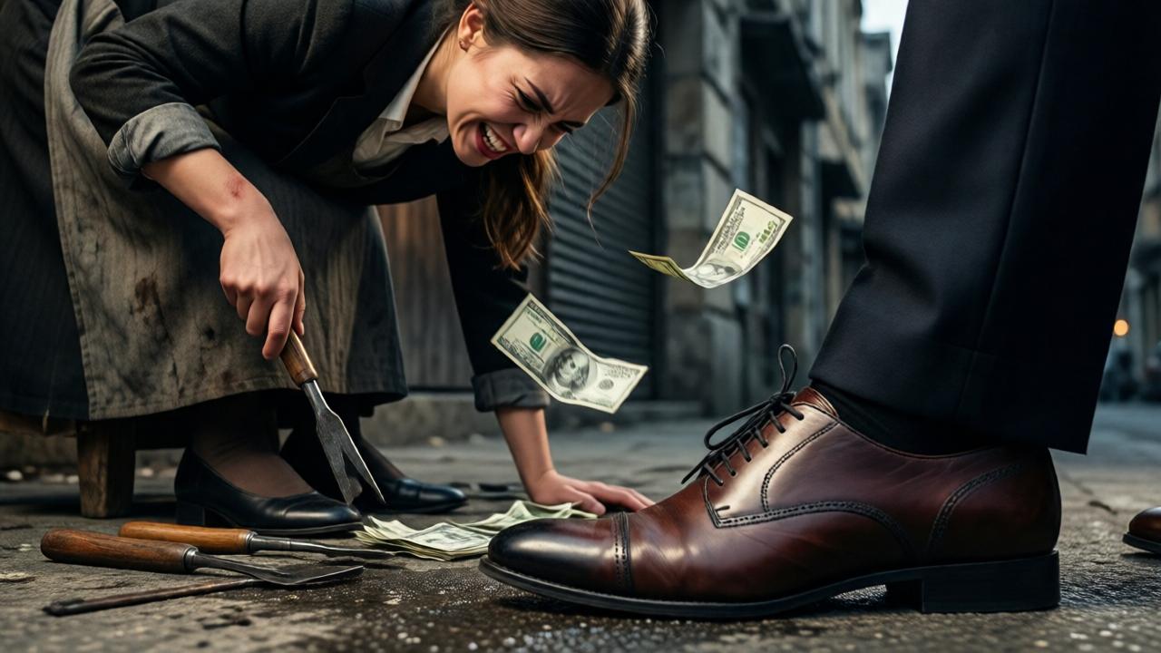 A dramatic low-angle shot from the perspective of the shoeshine woman. A well-dressed young woman, face contorted in contempt, stands over her, a crumpled bill falling through the air towards the dirty pavement. The fiancée's expensive shoe is prominently in the foreground, contrasting with the worn tools and the woman's bowed head and empty sleeve. The lighting is harsh, casting deep shadows, emphasizing the power dynamic and cruelty.