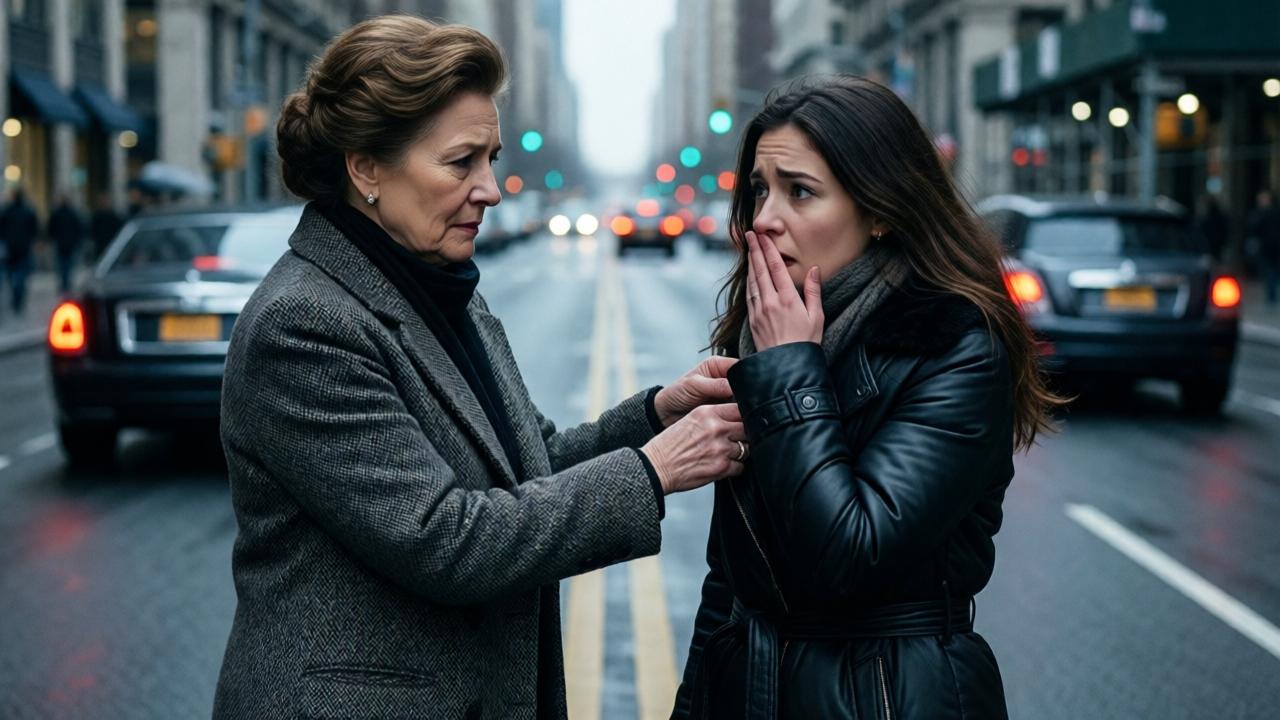 A powerful, emotionally charged scene. A well-dressed, dignified older woman stands tall, both arms visible as she adjusts a fine new coat. She looks with pity and resolve at a young woman who is frozen in shock, hand over her mouth, in the middle of a city street. A luxury car pulls away in the background, its taillights glowing. The composition uses leading lines of the street to emphasize the fiancée's isolation. Moody, cinematic lighting with a cool tone.