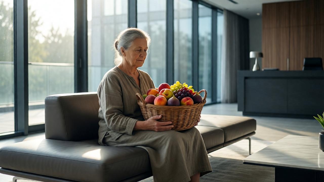 Cinematic wide shot of a modern, minimalist office reception area. An elderly woman in simple, humble clothing sits gracefully on a sleek designer sofa, a stark contrast to her surroundings. She holds a rustic woven basket overflowing with vibrant, colorful fruits—peaches, grapes, and figs. Soft morning light streams through floor-to-ceiling windows, illuminating the dust motes and highlighting the quiet dignity of her posture. The scene should feel emotionally charged, focusing on the contrast between her warmth and the cold, impersonal luxury of the space. Style: dramatic realism, shallow depth of field.