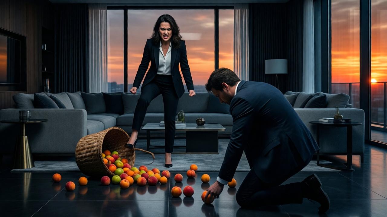 A high-contrast, tense scene in a luxurious, coldly modern living room at dusk. A well-dressed woman stands in a posture of rage, her face twisted in fury, one foot near an overturned rustic basket. Vibrant fruits are scattered dramatically across a dark, reflective floor. The man, Mr. Charles, is kneeling in the foreground, his back to the viewer, carefully picking up a peach. The lighting is dramatic, with deep shadows and a sliver of angry orange sunset cutting through large windows, highlighting the emotional fracture between the characters. Style: cinematic, high drama, chiaroscuro lighting.