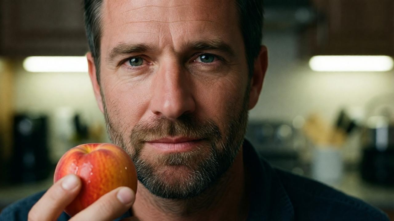 A powerful close-up of Mr. Charles's face, illuminated by the soft glow of under-cabinet kitchen lighting. He is looking directly at the viewer with a calm, unwavering, and resolute expression, a hint of a sad but firm smirk on his lips. In his hand, he holds a perfectly washed, glistening peach. The background is blurred but suggests a modern kitchen. The mood is one of silent victory, profound moral clarity, and unbreakable filial devotion. Style: dramatic portrait, shallow depth of field, emotive lighting.