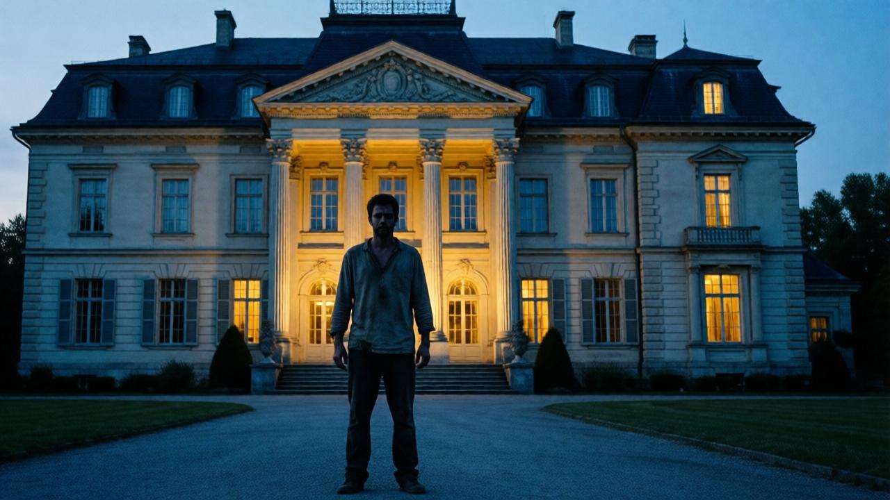 Cinematic wide shot of a man in worn, simple clothing standing before the imposing, lit facade of a luxurious mansion at dusk. The contrast is stark: his silhouette is small and humble against the grand, cold architecture. The lighting is dramatic, with deep blue shadows and warm gold light spilling from the mansion's windows, creating a sense of isolation and tension. The mood is suspenseful and melancholic.
