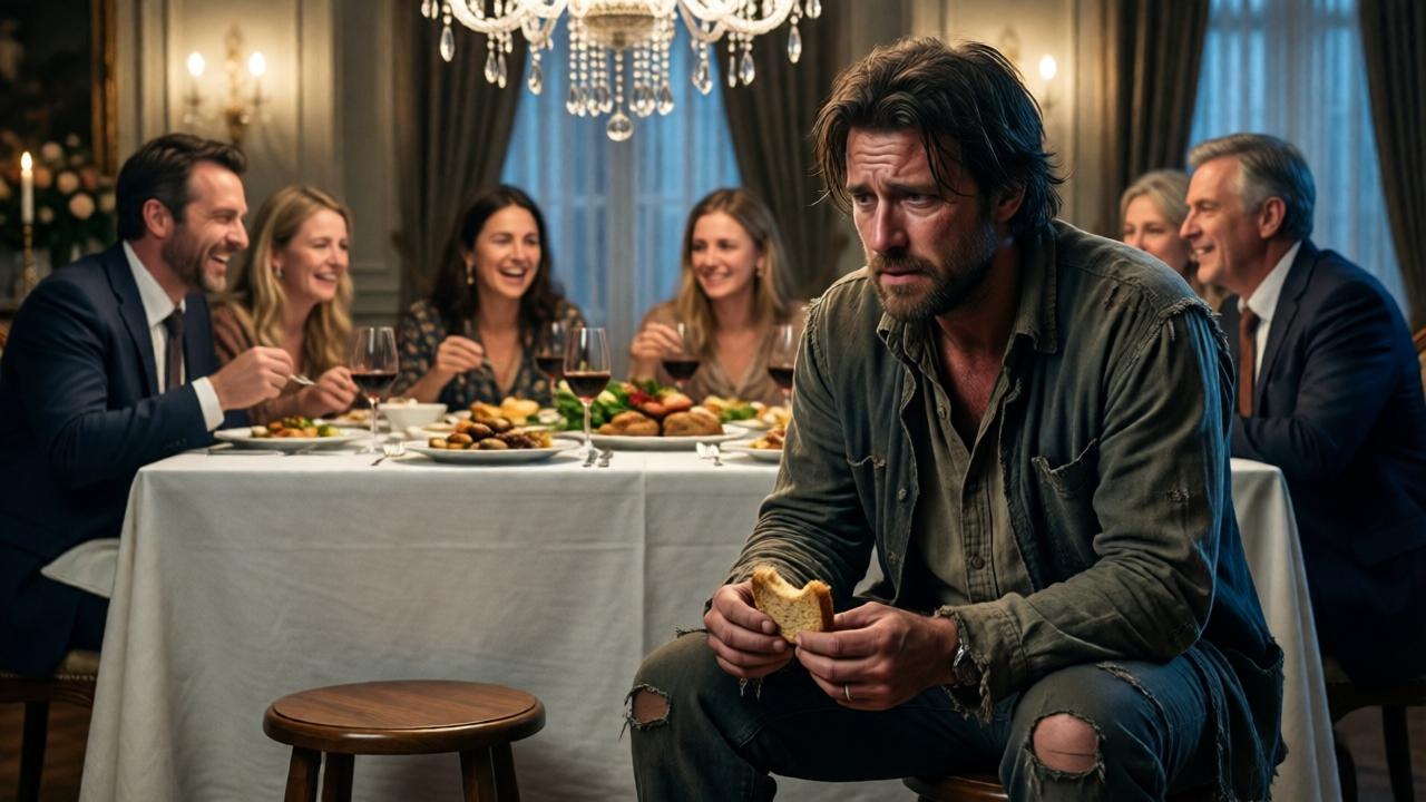 A highly emotional, close-up shot of a lavish dinner table scene. In the foreground, a man in ragged clothes sits isolated on a simple stool, holding a piece of dry bread, his expression one of profound hurt. In the soft-focus background, his family laughs and feasts under a crystal chandelier, ignoring him. The sister looks directly at him with pained empathy. The lighting is high-contrast, highlighting the moral chasm with warm tones on the family and a cold, blue light on the protagonist.