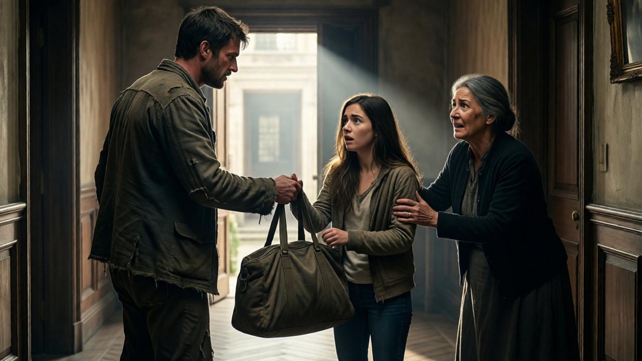 Powerful dramatic scene: A man in tattered clothes stands tall in a grand hallway, handing a heavy bag to a young woman who looks shocked. Behind them, his mother reaches for him with a desperate, pleading expression, but he is turning away, his profile showing heartbreaking resolve. The composition uses leading lines towards the open door, symbolizing his departure. The lighting is cinematic, with a shaft of light from the door illuminating him and his sister, while the mother remains in shadow, emphasizing the moral choice and finality.