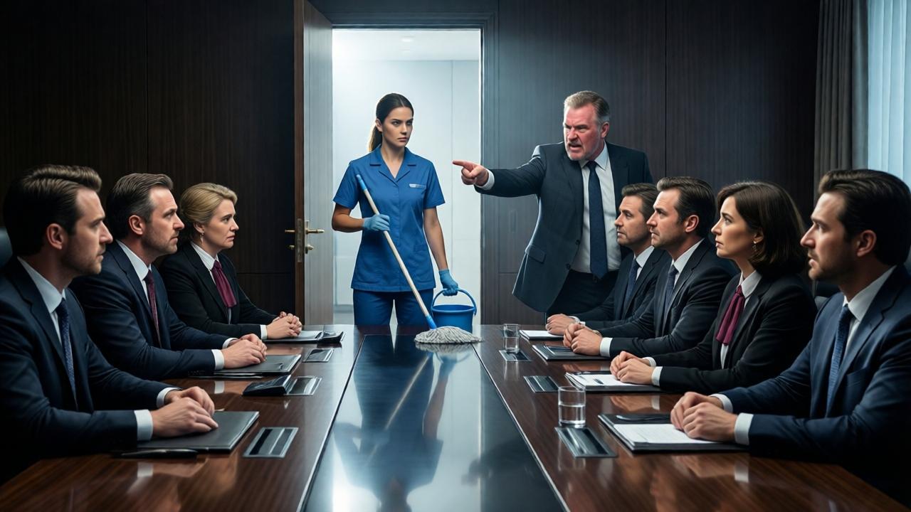 A dramatic, cinematic scene in a luxurious, modern boardroom. A young woman in a simple blue cleaning uniform stands defiantly in a doorway, holding a mop bucket. She is framed by the light from the hall, creating a halo effect. Ten expensively dressed lawyers are seated around a long, glossy conference table, all staring at her with expressions of shock, disdain, and disbelief. At the head of the table, a red-faced, furious man in a tailored suit is pointing aggressively toward the door. The mood is tense, high-contrast lighting, with deep shadows and a spotlight effect on the cleaner. Photorealistic, dramatic style.