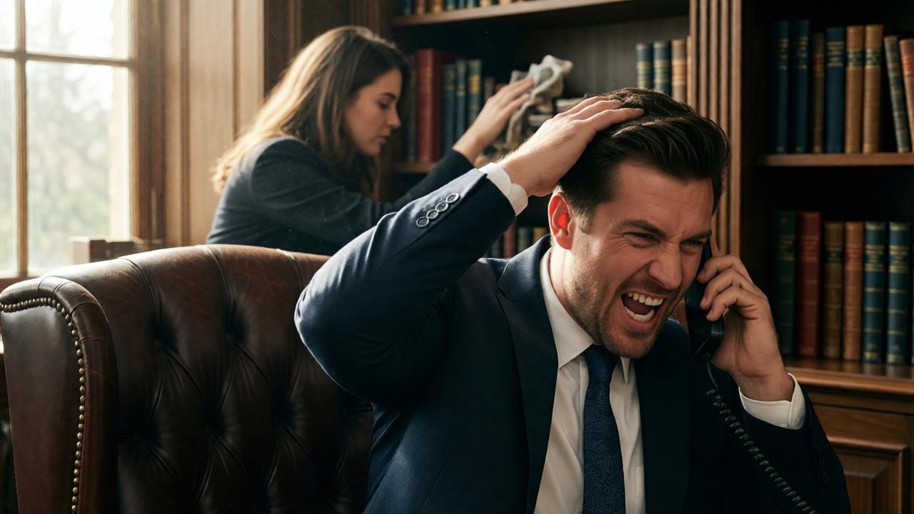 A close-up, intimate shot from a week earlier. A young woman, Clara, is quietly dusting a bookshelf in a lavish corner office. She is partially hidden behind a large leather chair. In the foreground, a powerful, stressed man in a suit has his back to her, gripping his hair with one hand while yelling into a phone pressed to his ear. Sunlight streams through a window, illuminating dust motes in the air and highlighting the stark contrast between his world of chaotic pressure and her world of silent, meticulous order. The mood is tense, voyeuristic, and foreshadowing. Cinematic lighting, shallow depth of field.