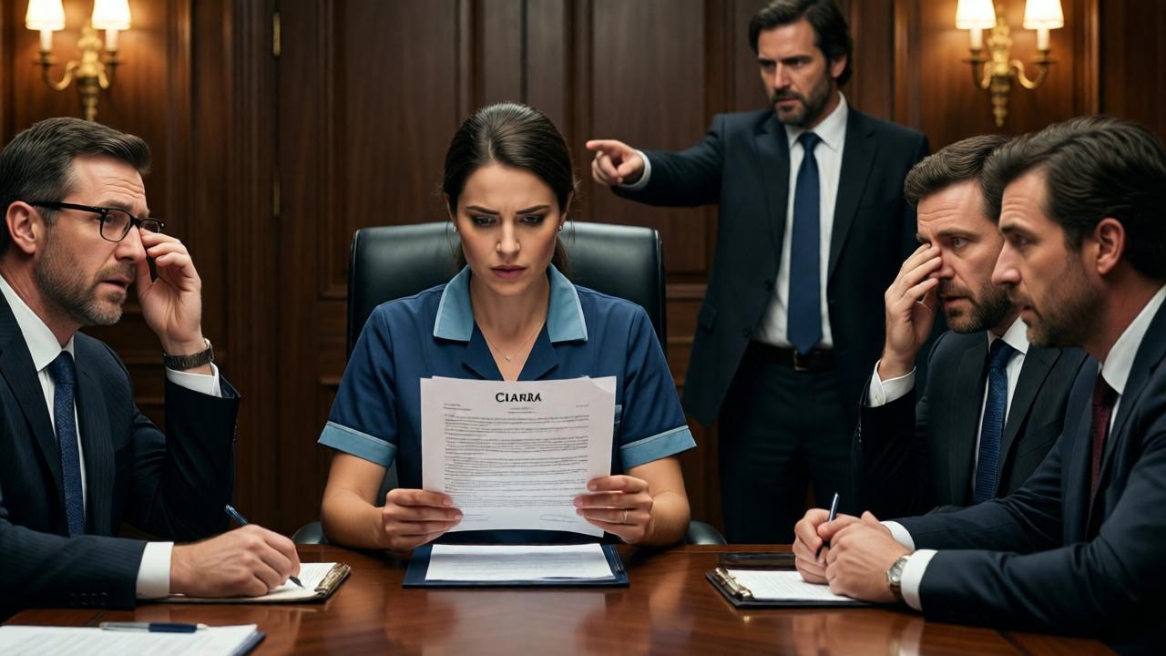 A powerful, emotionally charged resolution shot. Clara, still in her cleaning uniform, is now seated at the head of the prestigious conference table. She holds a page of a complex legal contract, her expression one of intense, intelligent focus. The lawyers around her are slack-jawed, their earlier disdain replaced by awe and shock. One has taken off his glasses to rub his eyes in disbelief. Leonardo stands frozen in the background, his hand still pointing limply toward the now-irrelevant door, his face a masterpiece of dawning, humbled realization. The lighting is warm and dramatic, focusing on Clara as the new center of power in the room. Cinematic, emotionally resonant style.