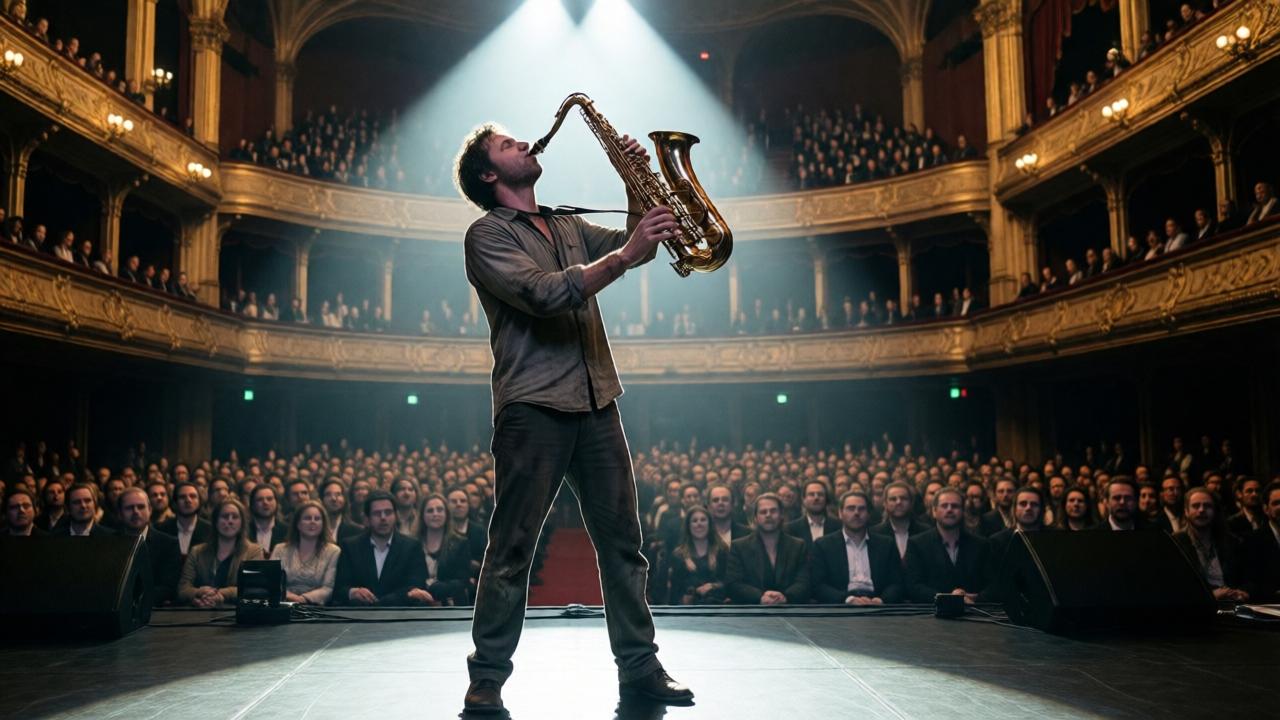 A dramatic, cinematic wide shot from a low angle on a concert hall stage. A lone man in worn, simple clothing stands under a harsh spotlight, raising a saxophone to his lips. His posture is tense but determined. The vast, opulent hall is filled with a blurred audience, their faces a mix of amusement and disdain. The lighting is stark, creating deep shadows around him, emphasizing his isolation. The mood is tense and anticipatory.
