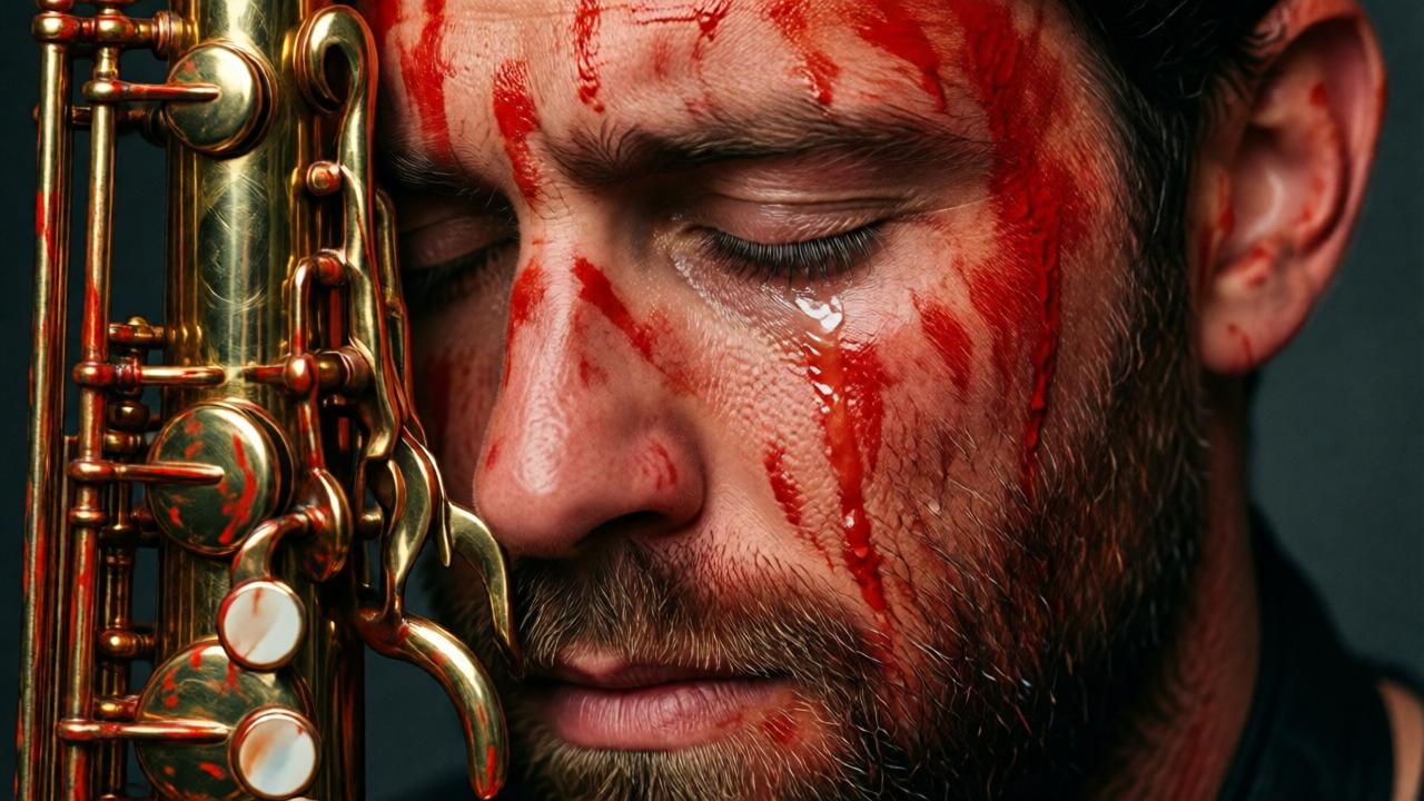 An extreme close-up, intimate and powerful. Daniel's face, streaked with vibrant red paint, is pressed against the saxophone. His eyes are closed in deep concentration, a single clean tear cutting a path through the paint on his cheek. The saxophone's keys are slick with paint. The lighting is dramatic, highlighting the contrast between the mess of the paint and the purity of his expression. The mood is one of profound, painful artistry.