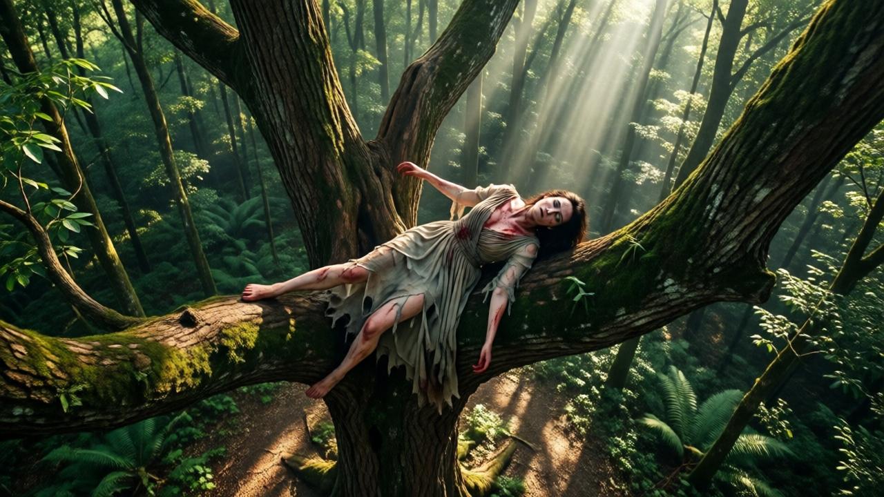 A dramatic, cinematic shot from above, looking down through the canopy of a lush, ancient forest. A woman in a torn, elegant dress is caught in the crux of a massive, gnarled tree branch, her body limp. Sunlight filters through the leaves in sharp, dramatic shafts, highlighting the dirt on her skin and the precarious height. The style is hyper-realistic with a mood of shocking salvation and impending struggle. Colors are deep greens, browns, and a stark contrast with her pale skin and red blood.