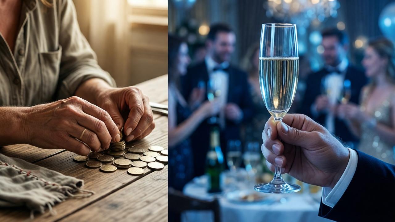 A stark contrast image. On the left side, in soft, warm light, a woman's worn, calloused hands carefully count coins on a rough wooden table, a half-sewn garment nearby. On the right side, in cool, blue-tinged light, a man's manicured hand holds a champagne glass aloft in a lavish, blurry party scene. The composition is split down the middle, highlighting the moral and physical divide. The style is photographic and symbolic, emphasizing texture and contrast.