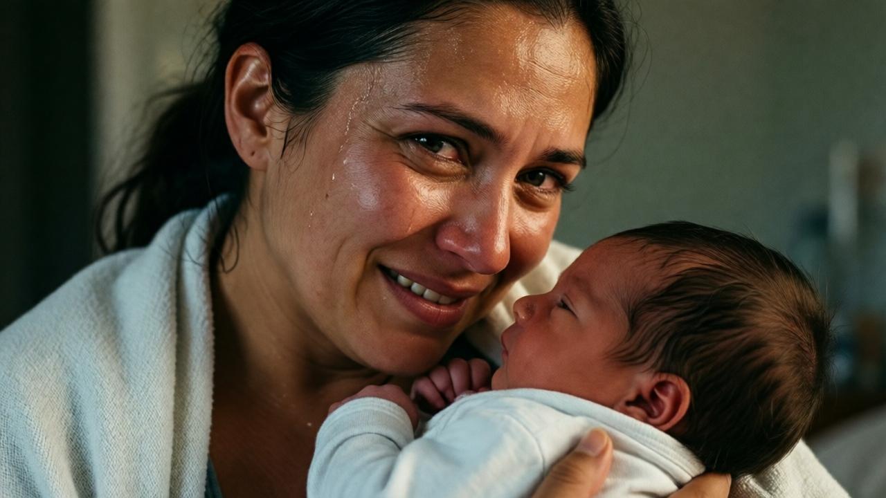 An intimate, emotionally charged close-up. A new mother, her face streaked with sweat and tears but radiant with fierce love and determination, holds her newborn son swaddled in a simple blanket against her chest. The lighting is soft and directional, highlighting the tenderness of her expression and the baby's features. The mood is one of powerful resolution, sacrifice, and unwavering strength. The color palette is warm with skin tones and the white of the blanket, feeling both vulnerable and mighty.