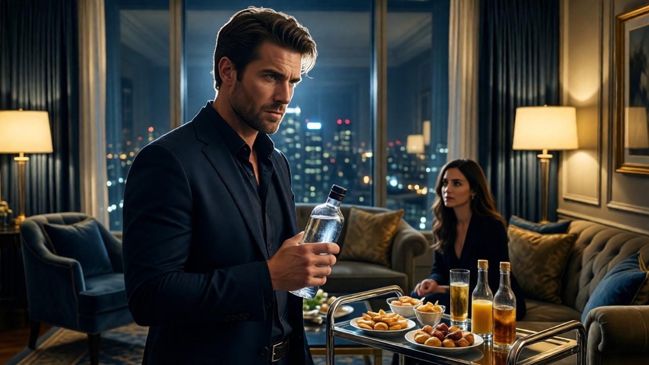 Cinematic shot of a handsome man in a luxurious hotel room, backlit by city lights through a floor-to-ceiling window. He is holding a sleek, expensive-looking bottle of water, condensation glistening. His expression is focused and calculating. His girlfriend watches from a plush sofa, her face a mix of curiosity and shadow. The room is filled with lavish snacks and drinks on a silver trolley. Style: dramatic, high-contrast lighting, rich colors of navy and gold, shallow depth of field. Mood: tense, opulent, and subtly deceptive.
