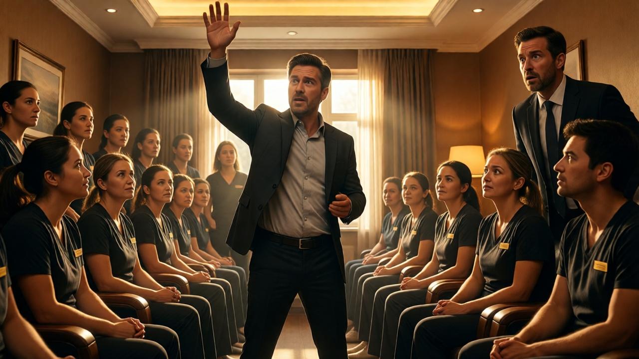 A dramatic, low-angle shot inside a foot massage parlor lounge. The clever man stands before a group of 60 attentive massage therapists, one arm raised as he explains the new commission structure. Light streams in from a window, highlighting determined and hopeful expressions on the employees' faces. The spa owner stands to the side, his face a canvas of shock and dawning realization. Style: cinematic, inspired by business thriller films, warm amber tones, dynamic composition. Mood: tense, revolutionary, charged with potential energy.