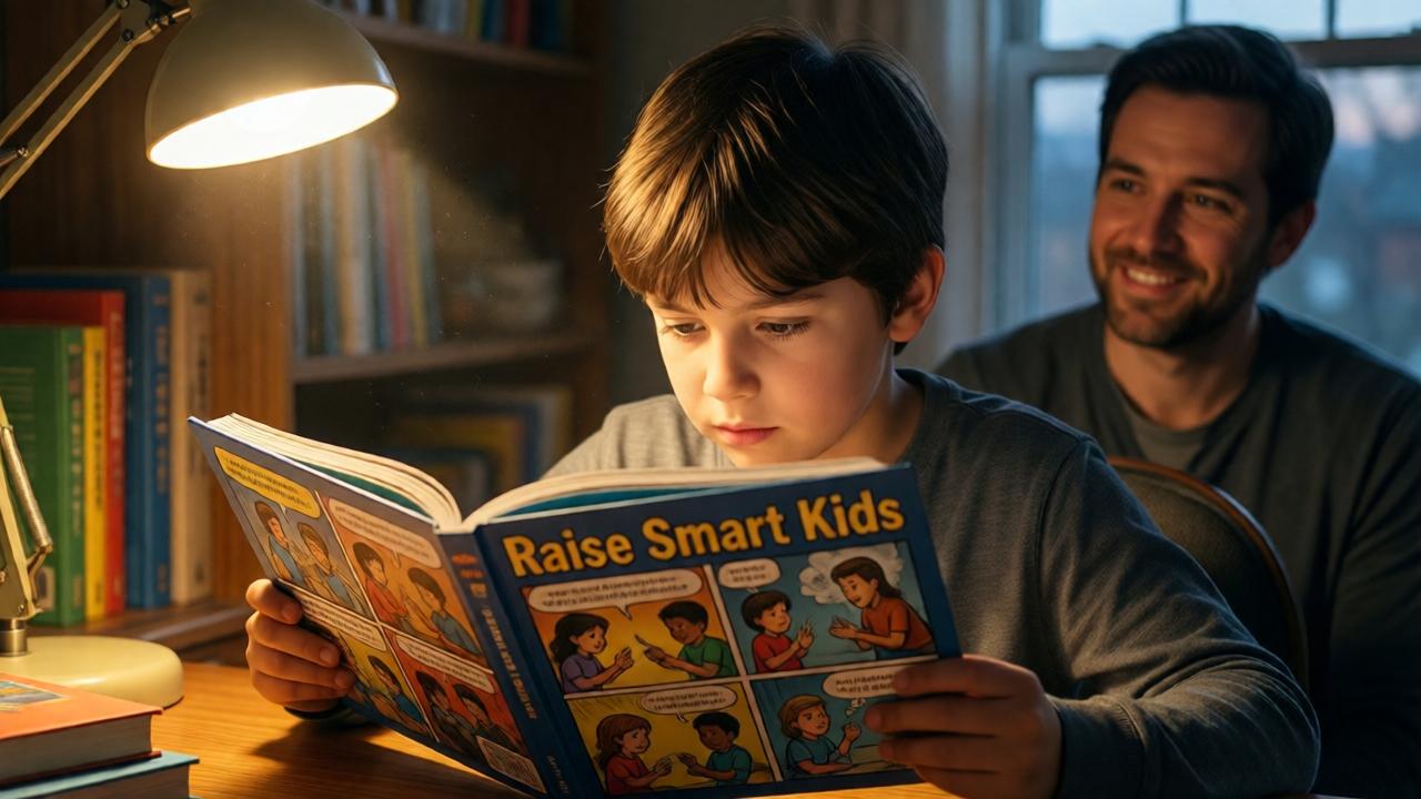 A poignant, intimate scene in a cozy home study at dusk. A thoughtful pre-teen child is engrossed in a colorful comic book titled 'Raise Smart Kids', a shaft of warm lamplight illuminating the pages. In the soft background, a parent watches with a gentle, hopeful smile. The book's illustrations show stylized comic scenes of children resolving conflicts and thinking strategically. Style: emotive and warm, with a painterly quality, soft focus on the child's focused expression. Mood: hopeful, insightful, and deeply moving, emphasizing intergenerational wisdom and protection.