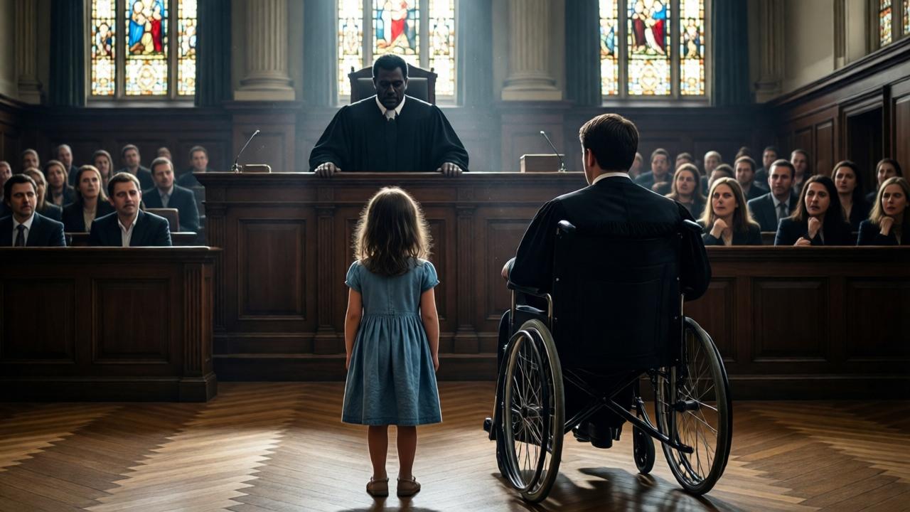A dramatic, cinematic wide shot of a grand, imposing courtroom. In the foreground, a small girl in a faded blue dress stands alone on the polished wooden floor, her back to the camera, facing the elevated judge's bench. Judge Fausto is a severe silhouette against stained-glass windows, his face in shadow, hands gripping the arms of his wheelchair. The courtroom is packed; blurred faces in the gallery show mockery and shock. Light streams in, highlighting dust motes and creating a stark contrast between the child's vulnerability and the institution's cold power. Style: dramatic lighting, deep shadows, photorealistic.