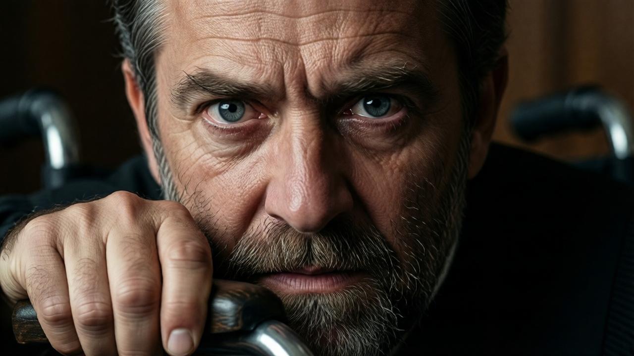 An intense close-up portrait of Judge Fausto. The camera focuses on his face, etched with deep lines of severity and hidden pain. His eyes, a steely grey, are wide with a tumultuous mix of anger, shock, and a flicker of desperate, long-buried hope. One hand is seen in the foreground, gripping the wooden armrest of his wheelchair so tightly the tendons are pronounced. The lighting is chiaroscuro, half his face in sharp light, the other in deep shadow, symbolizing his internal conflict. Style: highly detailed, emotional, cinematic.