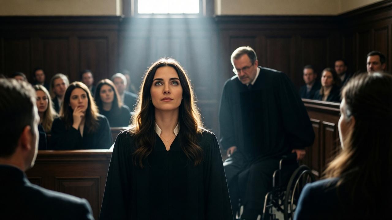 A powerful medium shot from a low angle, looking up at Veronica as she stands resolute in the center of the courtroom. She is a small, bright figure surrounded by the dark wood and shadowy, blurred forms of the stunned audience. A single shaft of light from a high window illuminates her face, which is serene yet determined, her eyes glowing with conviction. In the background, Judge Fausto is a dark, rigid shape in his wheelchair, but his posture is leaning forward slightly, captivated. The composition is stark and symbolic, highlighting the moral and emotional contrast between the characters. Style: cinematic, evocative, with a touch of magical realism in the lighting.