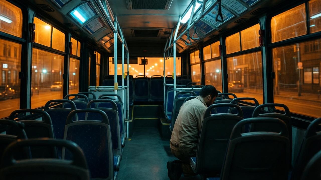 Cinematic wide shot from the front of a deserted, dimly lit city bus at night. The only light sources are the pale blue emergency strips and the orange glow from streetlights filtering through the windows. A lone figure, a man in worn janitorial clothes, is silhouetted at the far end, kneeling by the last seat. The composition emphasizes the vast, empty space and his profound isolation. Moody, high-contrast lighting with deep shadows.