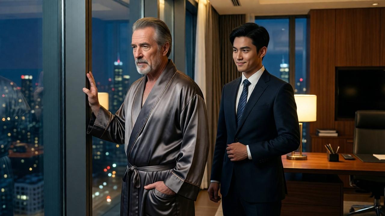 A tense, intimate scene in a luxurious, modern home office. A wealthy, older businessman in a silk robe stands by a floor-to-ceiling window, backlit by the city skyline. His young assistant, dressed in a sharp suit, stands slightly behind him, a sly, knowing smirk playing on his lips. The mood is one of quiet power and brewing deceit. Warm interior light contrasts with the cool blues of the night outside, highlighting the moral distance between the two men.