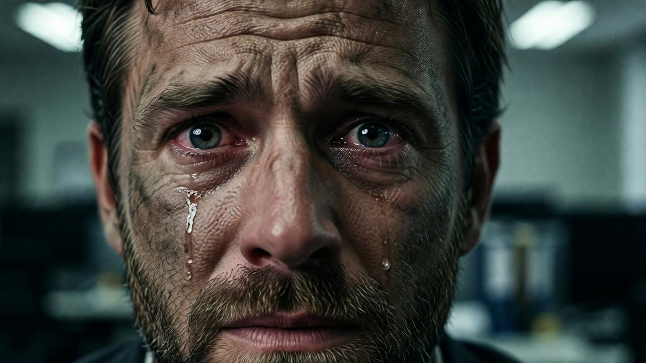 Extreme close-up on a man's face in a stark office. He is the cleaner, late 40s, face lined with hardship and streaked with sweat and dust. His eyes are wide, filled with a devastating mix of shock, betrayal, and welling tears. A single, clean tear track cuts through the grime on his cheek. The lighting is harsh and unforgiving from a single overhead source, casting deep shadows that mirror the accusation he faces. The background is blurred, focusing entirely on his raw, emotional collapse.