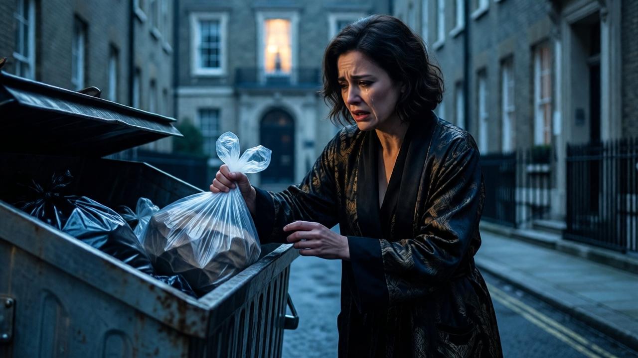 Cinematic, high-contrast scene in a cold, upscale alley. A woman in an expensive robe, face shadowed and stricken with panic, is lowering a small, wrapped bundle into a large metal dumpster. The light from a distant mansion window catches the tears on her cheek and the plastic of the garbage bag. Moody blue and black tones, shallow depth of field, capturing a moment of profound moral failure.