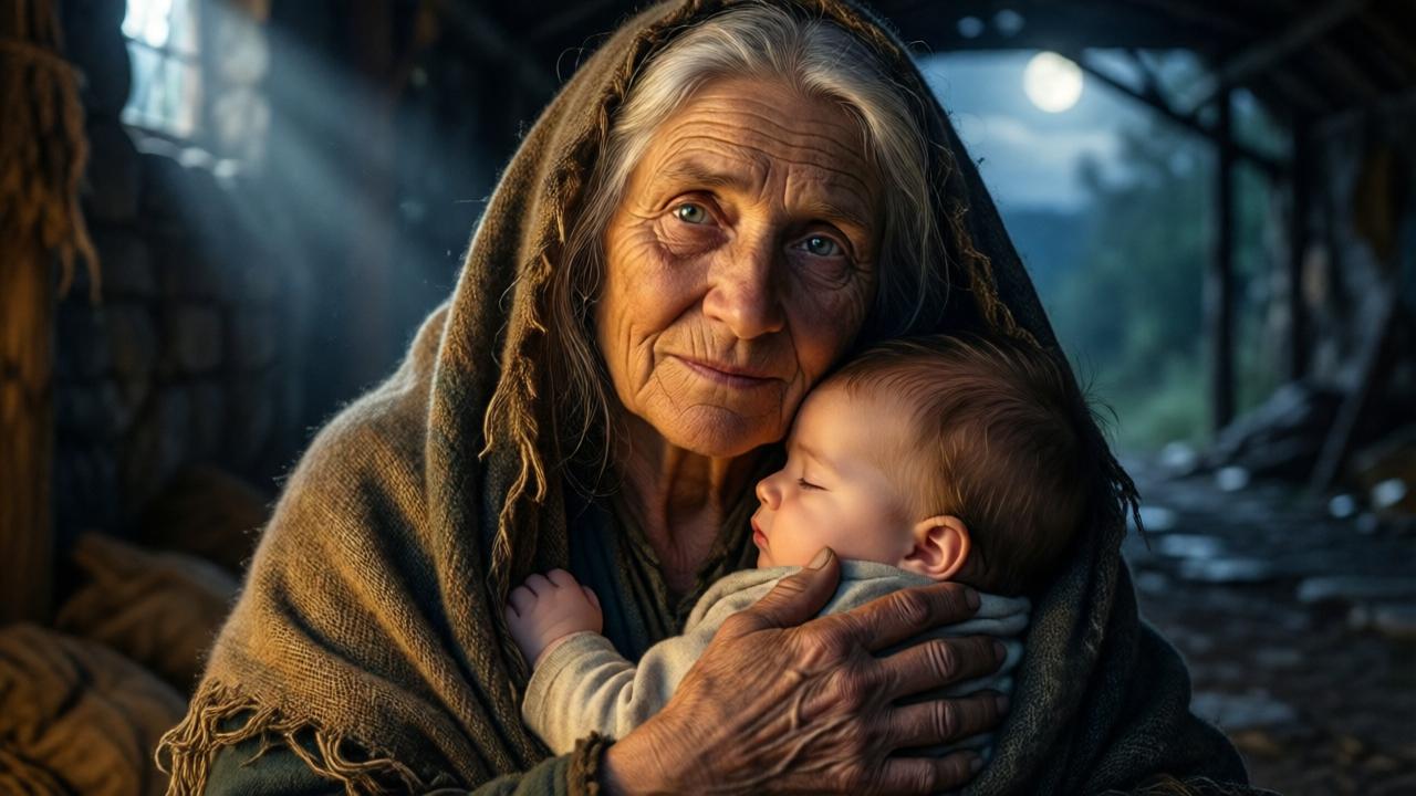 A deeply moving, close-up shot in a dim, makeshift shelter under a bridge. An elderly homeless woman with kind, weathered eyes and white hair is holding a sleeping infant tightly against her chest, wrapped in a tattered shawl. Her hand, rough and scarred, gently supports the baby's head. A single shaft of moonlight illuminates their faces, highlighting the profound love and protection in her expression. Warm, golden light against cool shadows, evoking a Renaissance painting of a Madonna.