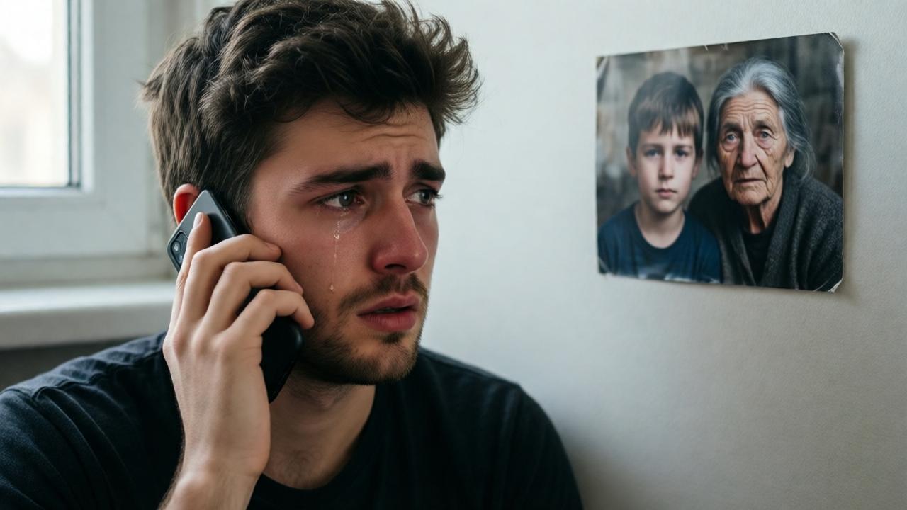 A poignant, intimate shot of a young man in his early 20s, sitting in a simple but clean small room. He holds a phone to his ear, his expression a complex storm of shock, pain, and dawning understanding. His eyes are fixed on a faded photograph on the wall showing him as a boy with the old homeless woman who raised him. Soft, natural window light falls on his face, highlighting a single tear tracing a path down his cheek. The composition is tight and emotional, focusing on his internal conflict.