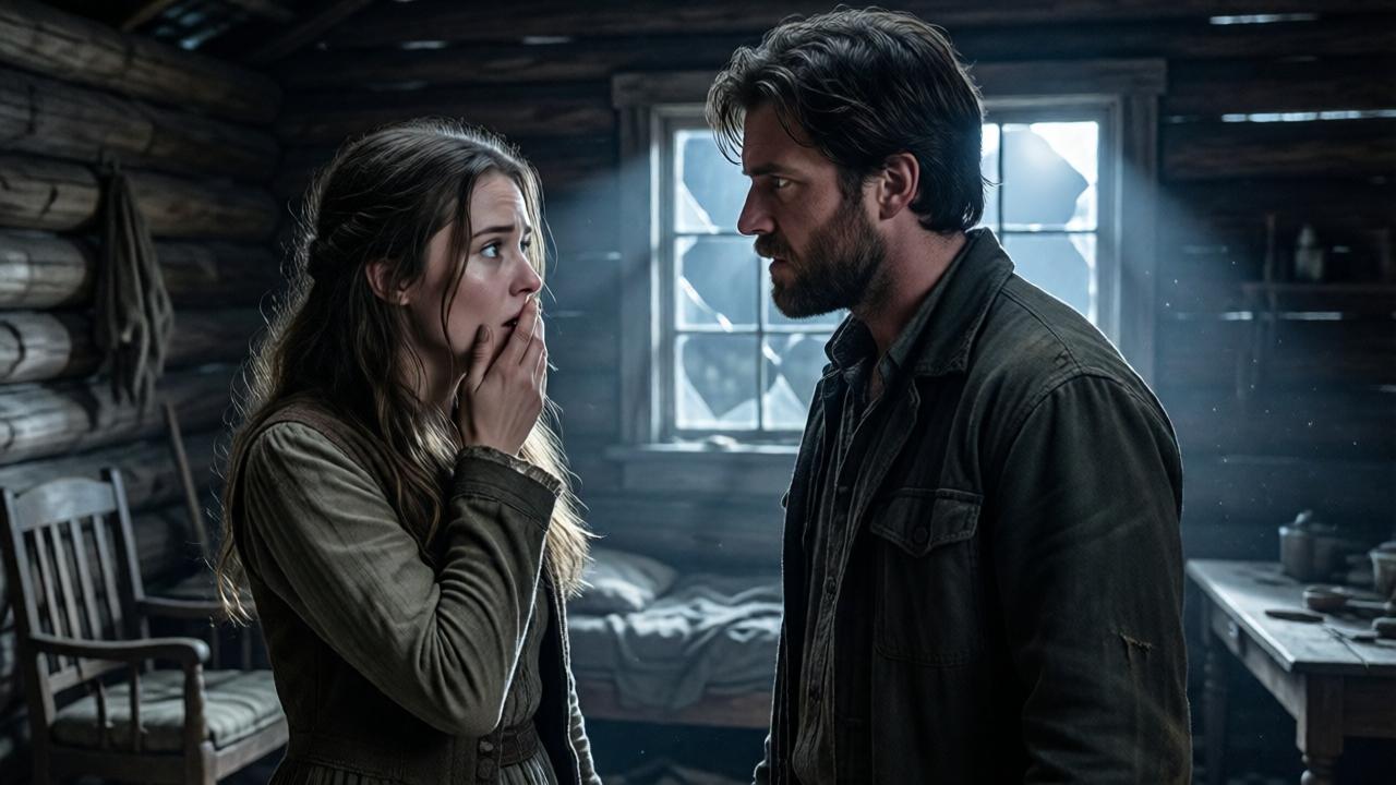 A cinematic, dramatic scene inside a dilapidated, poorly lit wooden shack. A beautiful, weary young woman (Emma) stands frozen, her hand over her mouth, her eyes wide with shock. Before her, a handsome but rugged man (Noah) looks at her with intense, earnest eyes, a storm of emotions on his face. The room is sparse with simple, worn furniture. Moonlight slices through a cracked window, illuminating dust motes and the profound tension between them. The style is photorealistic with high contrast, focusing on their expressive faces and the stark poverty of their surroundings.