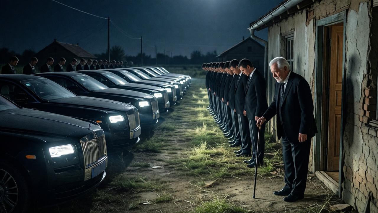 A powerful, high-contrast night scene outside a broken-down rural house. Over a dozen sleek, identical black luxury cars are parked in a perfect, imposing line, their headlights cutting through the darkness. Men in sharp black suits stand at disciplined attention in two rows, heads bowed. In the foreground, an elderly, distinguished man with silver hair, leaning on an elegant cane, steps toward the shack's door, his expression one of profound relief and reverence. The composition is wide, cinematic, emphasizing the shocking juxtaposition of extreme wealth and profound poverty.