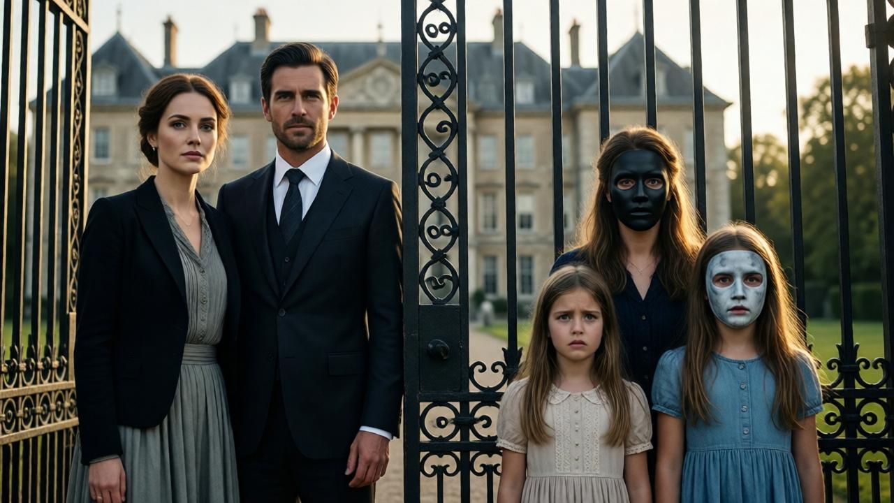 A dramatic, symbolic shot from a low angle at the grand iron gates of a majestic estate. Emma, now dressed in elegant but understated clothing, stands tall and serene beside Noah, who is in a perfectly tailored suit, his expression regal and protective. On the other side of the gates, Linda and her two daughters are depicted in harsh light, their faces a mask of shock, envy, and utter defeat. The composition separates them by the ornate black bars, symbolizing the irreversible divide between karma and grace, betrayal and loyalty. The style is cinematic, with a shallow depth of field focusing on Emma's resolved face.