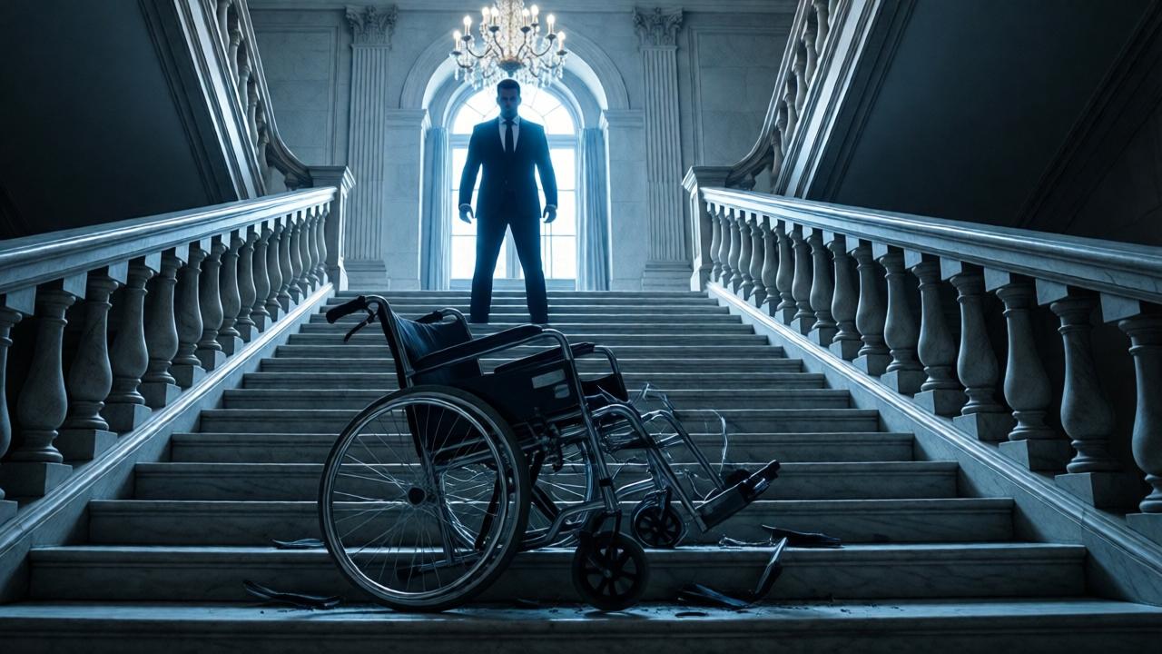 Cinematic wide shot from the bottom of a grand, opulent marble staircase. A shattered wheelchair lies in pieces, its wheels still spinning. At the top of the stairs, a silhouetted figure of a man in a fine suit stands, backlit by a chandelier, his posture menacing. The lighting is dramatic with high contrast, deep shadows in the hall, and cold, blue-tinged light from above. The mood is one of impending tragedy and shocking violence.