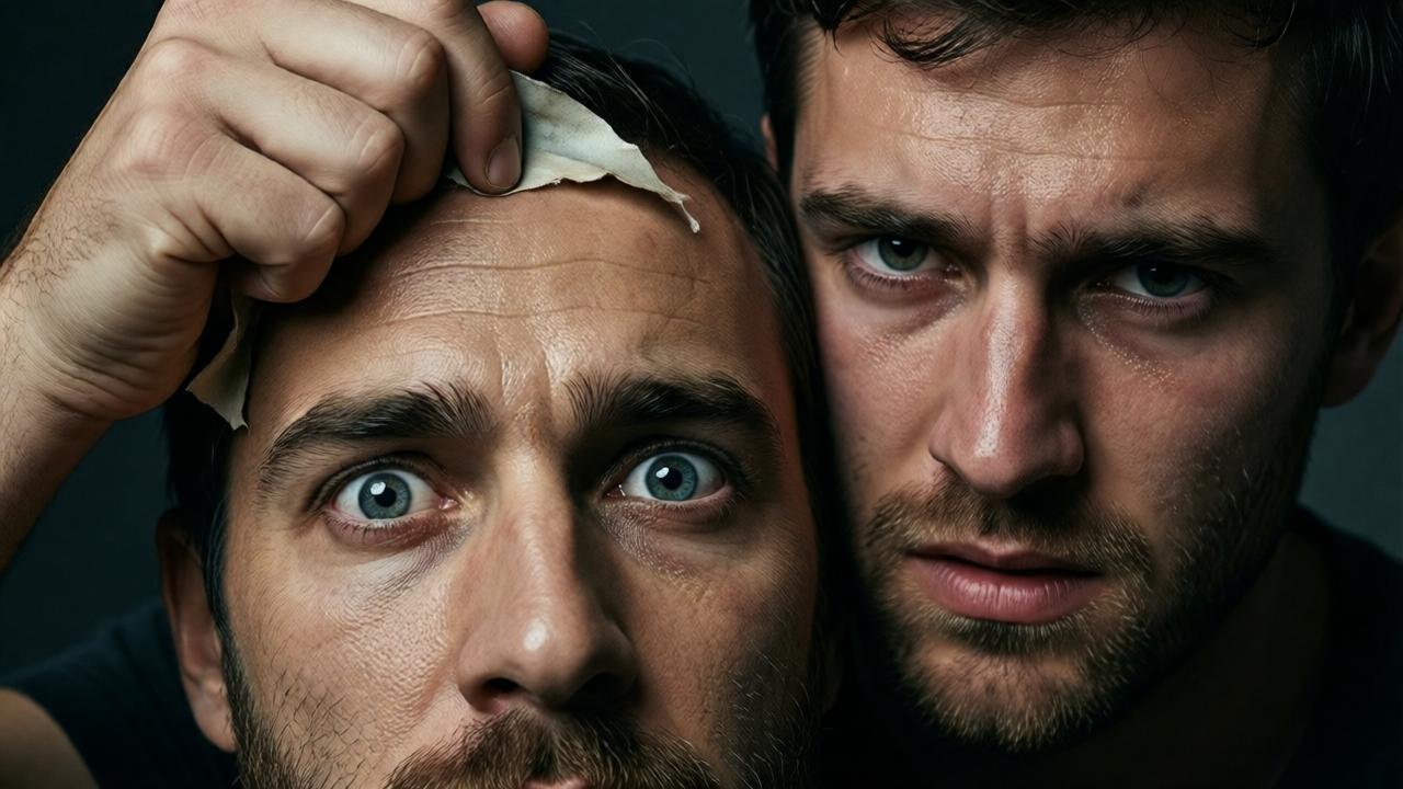 Extreme close-up, dramatic and tense. A young man's hand is gripping the edge of a hyper-realistic silicone mask on another man's face, peeling it back from the forehead. The revealed skin underneath is different in texture and tone. The expression on the young man's face is one of fierce resolve and anguish, while the eyes of the man in the mask are wide with shock and fear. Moody, directional lighting highlights the texture of the mask and the sweat on the revealed skin.
