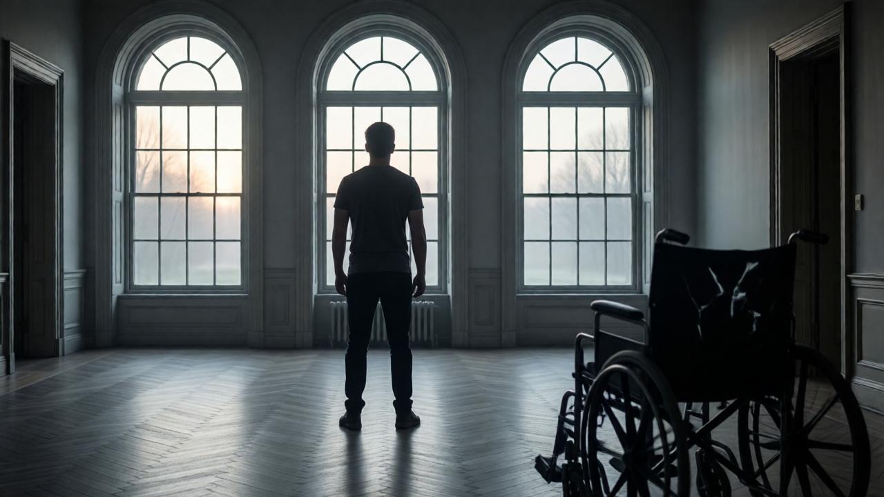 Noah Sterling stands alone in the vast, empty foyer of the mansion at dawn. He is seen from behind, standing tall and looking out through large, arched windows at a misty morning. The light is soft and grey, casting long shadows. The shattered wheelchair is visible in the corner, out of focus. The composition emphasizes his newfound strength and solitude, and the immense, unanswered mystery that now fills the silent house. The mood is one of solemn resolution and the beginning of a new, uncertain quest.